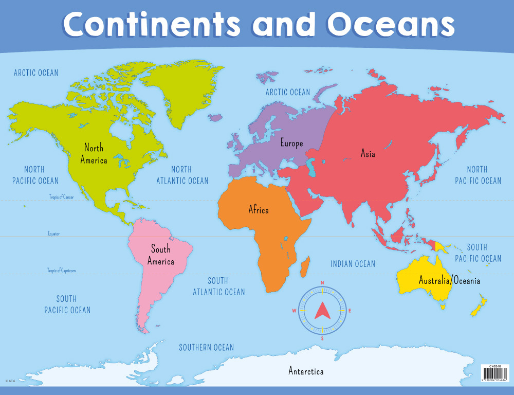 Study Map Of Continents And Oceans